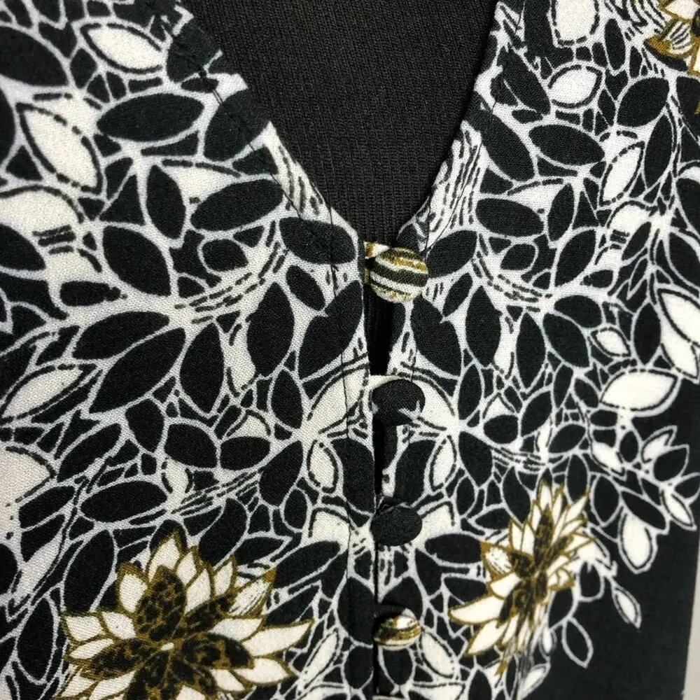 Free People black white tan bird floral v neck button top size Small